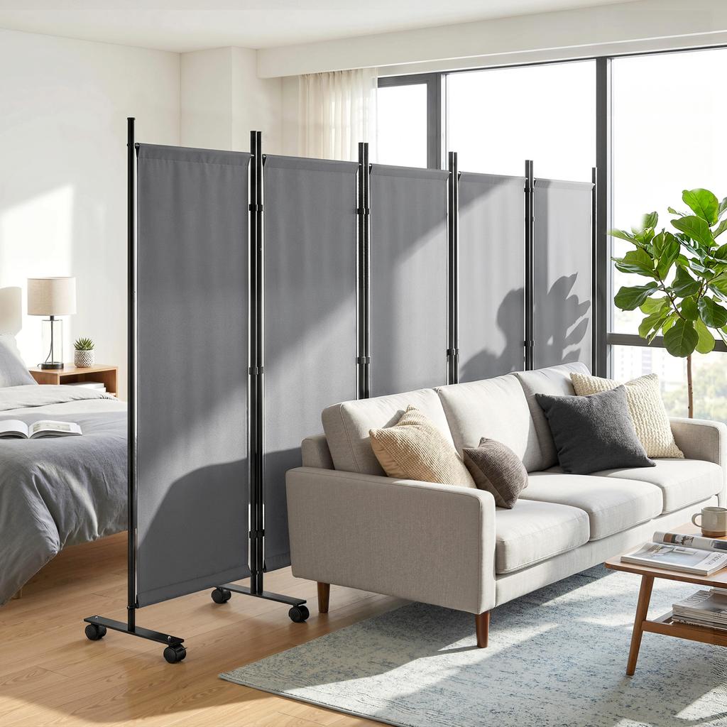 Folding Room Divider, 5-Panel, 12 Casters, 252 X 170 Cm, Steel and Polyester, Dark Grey