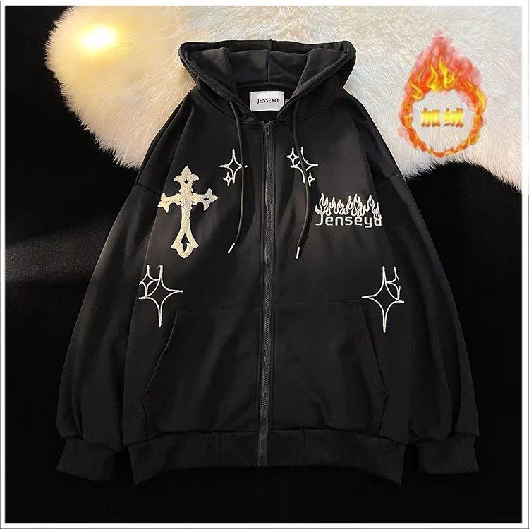 Men's Hooded Zip-Up Cardigan Sweatshirt with Cross & Flame Embroidery, Fleece-Lined, Trendy Loose Fit for Couples, Perfect for Spring and Autumn.