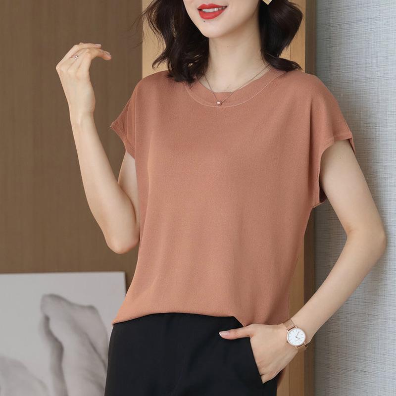 

Футболка женская новая летняя свободная однотонная с круглым вырезом свитер топ удобная и модная универсальная с короткими рукавами XXL