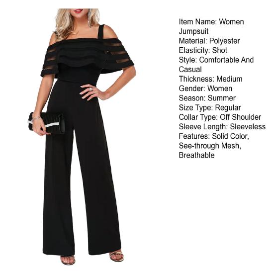 Women Jumpsuit Sexy Off Shoulder See-through Mesh  Solid Color Strappy Summer Ladies Casual Wide Leg Pants Long Romper Overall Womenswear