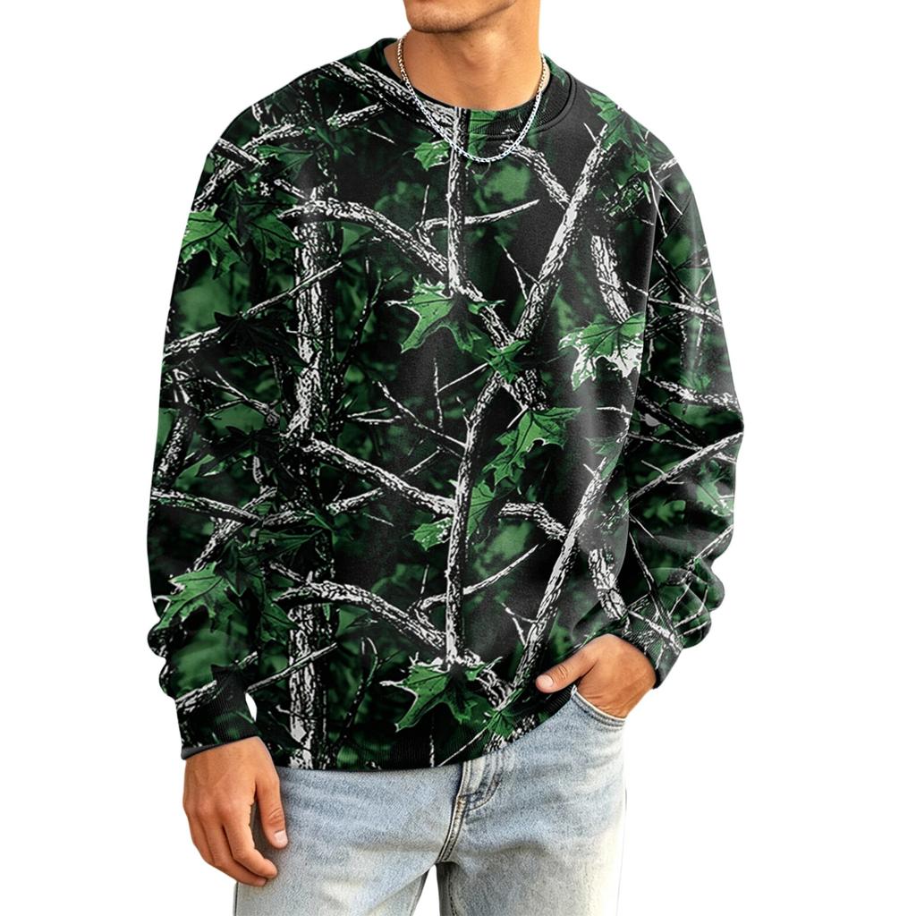 Men's Casual Long Sleeve Camouflage Print Round Neck T-Shirt Loose Fit for Everyday Wear