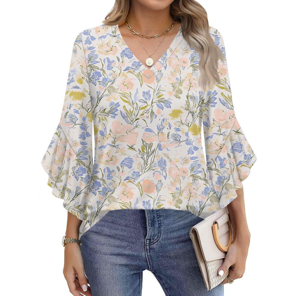Blouses For Women Dressy Casual 3/4 Length Sleeve Womens Tops V Neck Tshirts Shirts With Flared Sleeve