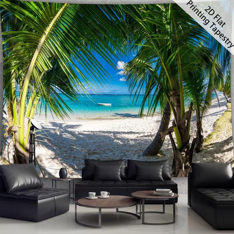 2D Tropical Beach Tapestry Palm Tree Ocean Wall Hanging, Large Size Wall Decor for Bedroom