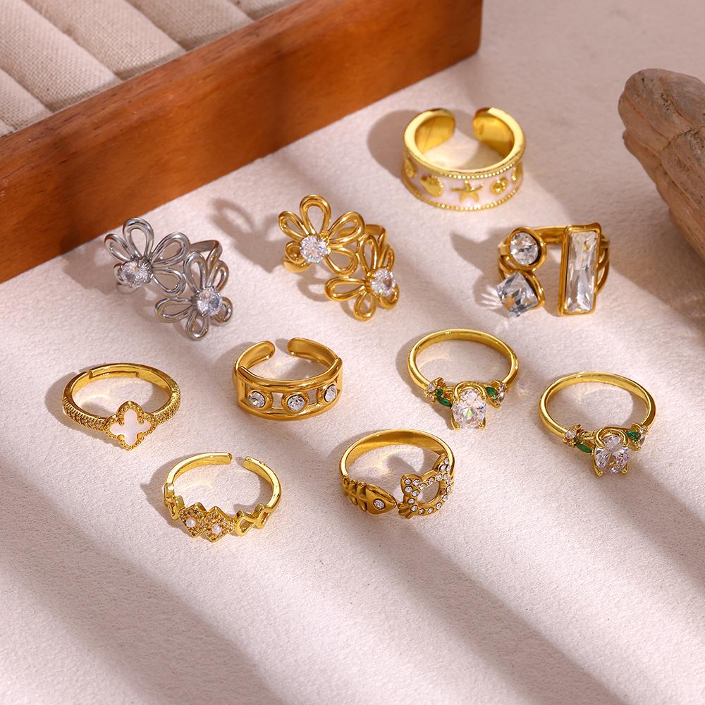 Vintage Minimalist Gold Color CZ Rings For Women Cute Cat Cute Hollow-Out Cat Anillos Flower Ring Jewelry Gift Summer Waterproof