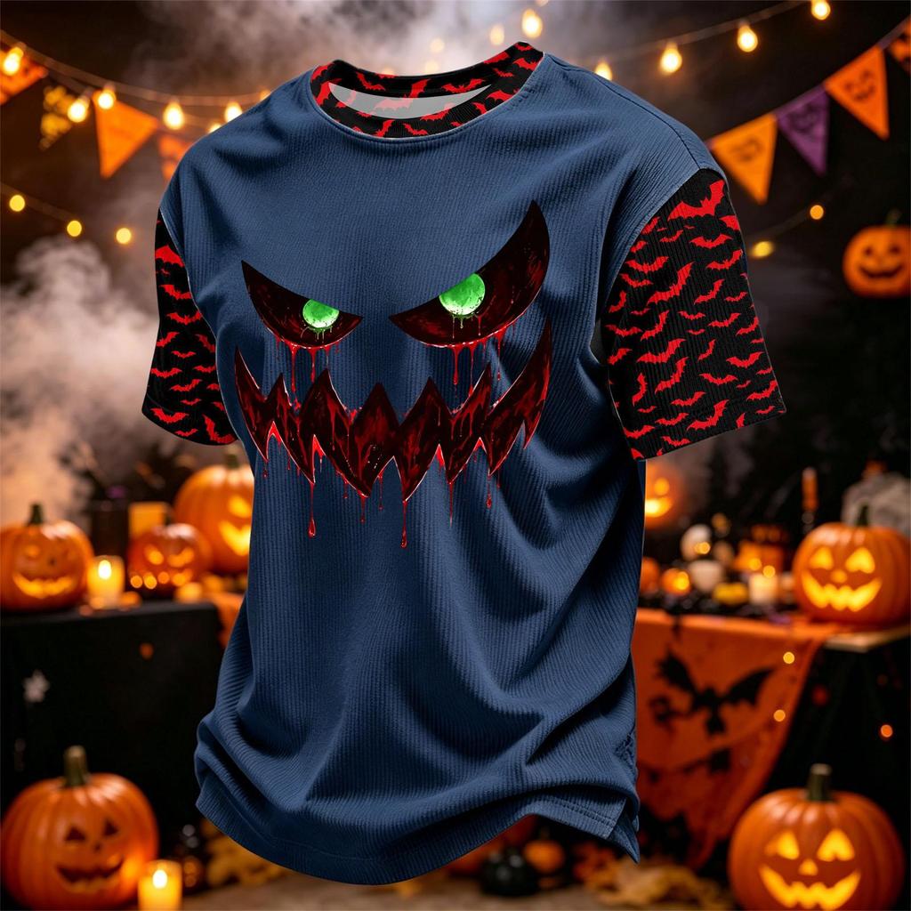 Men's Casual Corduroy Short Sleeve Crew Neck Lightweight Breathable T-Shirt Halloween Print Lettering Design