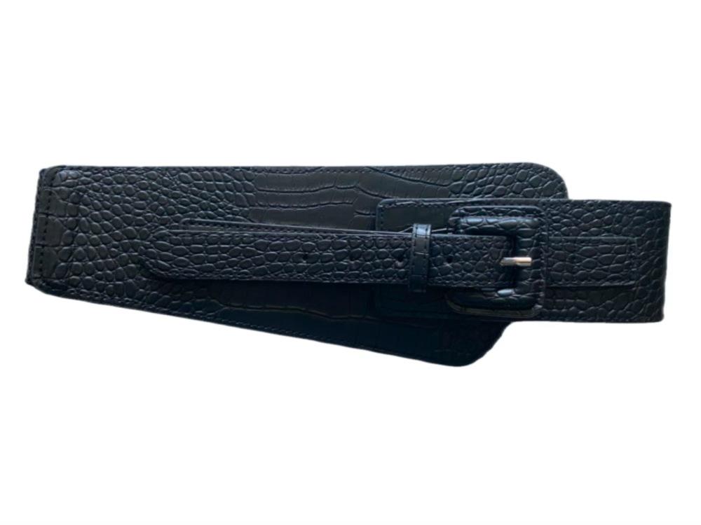 

Женский ретро очень широкий пояс из ПУ кожи с крокодиловым узором, с пряжкой-штифтом и эластичной зимней шерстяной поясной лентой для пальто чёрный
