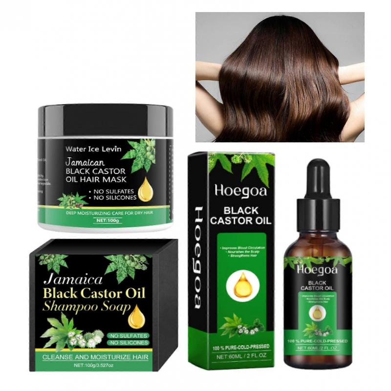 3Pcs Black Castor Oil for Hair Care Set, Castor Oil Shampoo Bar+Castor Oil Hair Mask+Castor Oil Hair Oil, Gentle Cleansing,Strengthen,Moisturizing,Rep