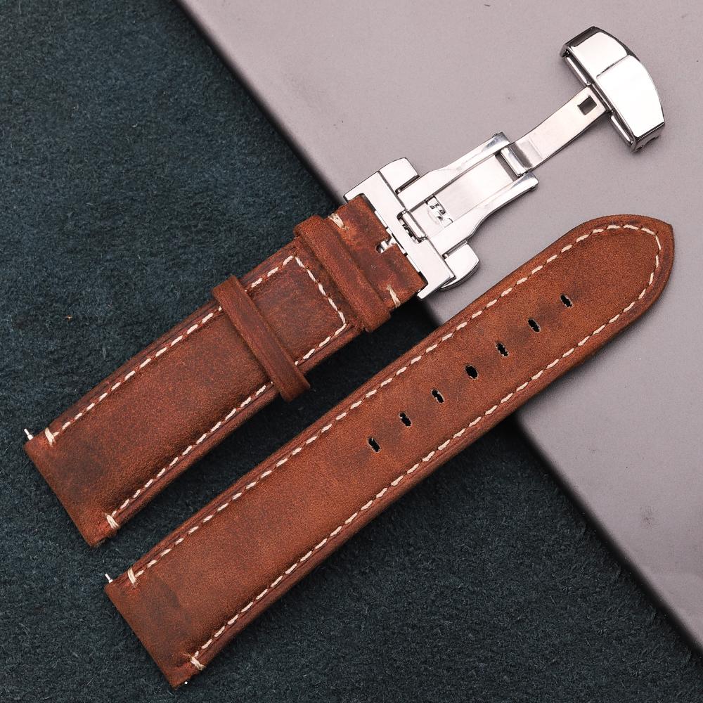 

Genuine Leather Watch Band 20mm 22mm Vintage Stitching Cowhide Strap with Butterfly Buckle Business Watchband for Galaxy Watch 20mm кофейный