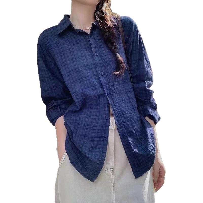 

French Retro Navy Blue Plaid Shirt Women s Spring and Summer Sunscreen Loose Lazy Style Versatile Long Sleeve Shirt Top S темно-синий
