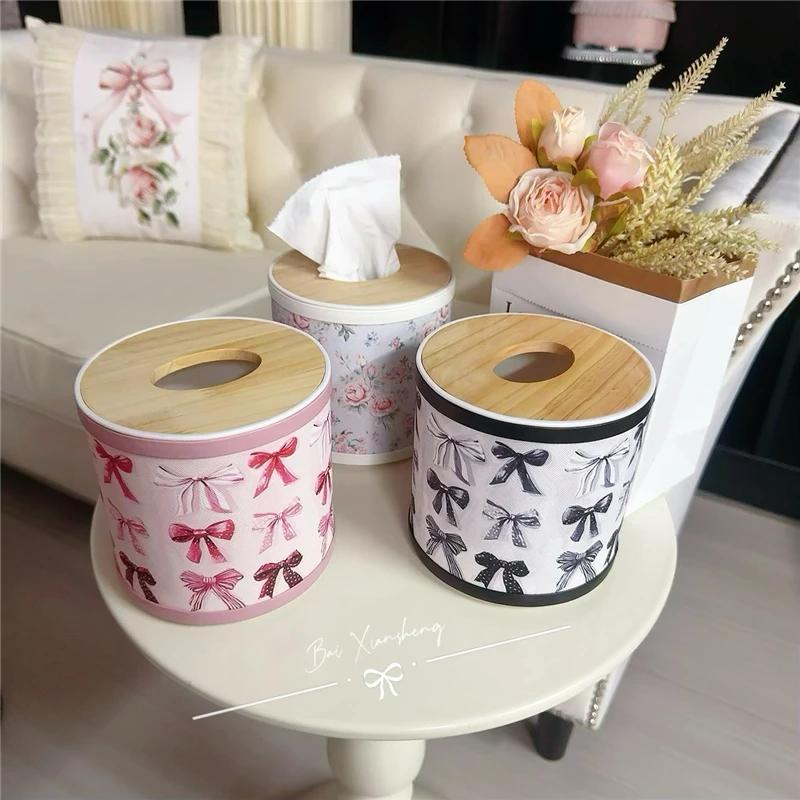 Roll Paper Tissue Case Cylinder Paper Box Retro Flower Bowknot Livingroom Decor Coffeetable Bedroom Car Waterproof Tissue Box