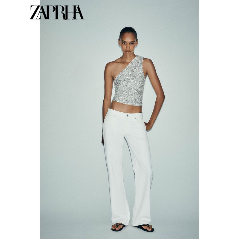 Zaprha 2025 Summer New Popular Asymmetric Design Sense Sequin Girly Style off-Shoulder Top 1014803