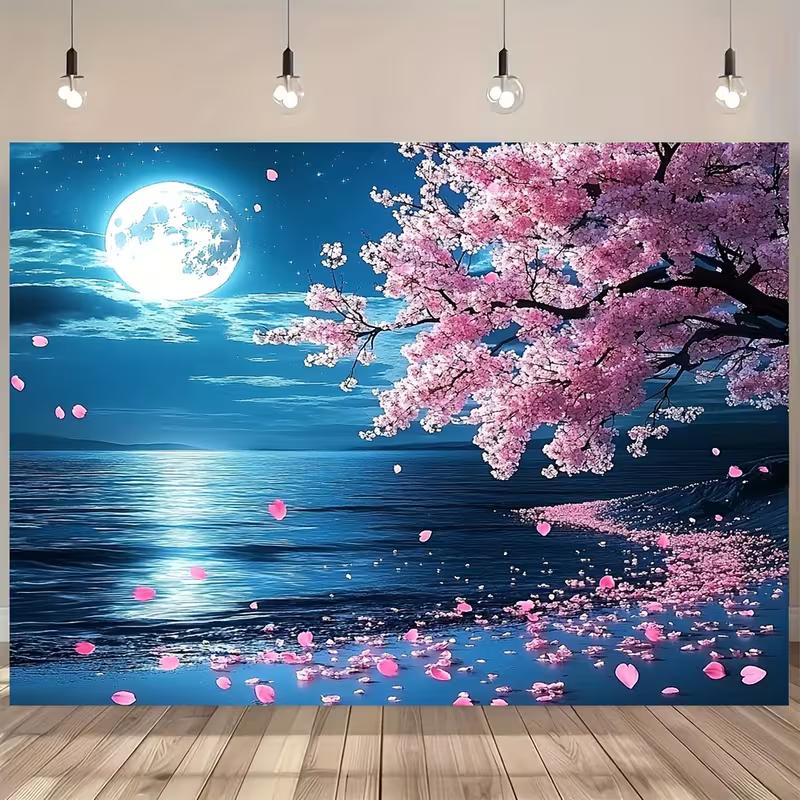 2D Spring Sakura Night View Background Cloth Moonlight Ocean Tapestry for Bedroom Decor