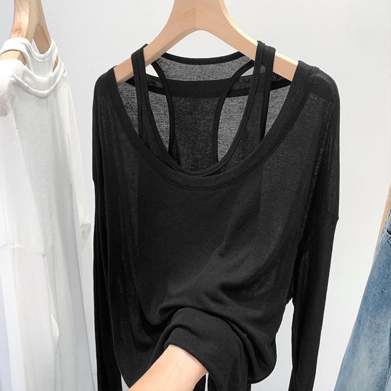 

Women s Spring/Summer Korean-Style Two-Piece Set: Long-Sleeve Cardigan & Camisole with Sun Protection. M