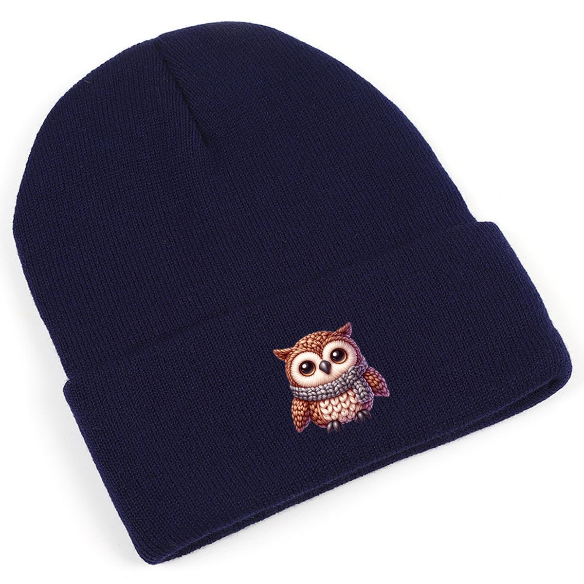 Cute Owl Print Winter Hats Knitted Hat Beanie Unisex Warm Hats For Man Cozy Fit Knit Cap Beanie Perfect For Travelling темно-синий