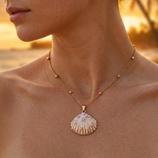 Enamel Shell Pendant Necklace, Faux Pearl Shell Charm Necklace, Summer Beach Necklace, Seaside Vacation Jewelry for Women