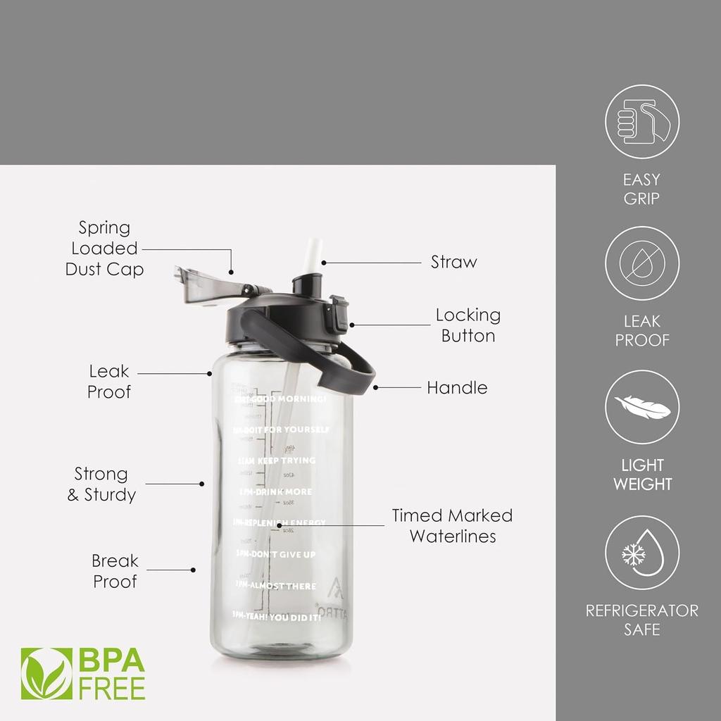 Smasher 2 Liter Quotes & Time Marker Sports Bottle With Easy To Carry Handle & Straw BPA Free, Leak Proof for Gym, Office, Workout- Black, Plastic