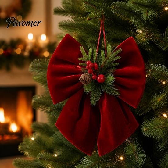 DIY Christmas Craft Supplies Velvet Bow, Burgundy Red Hanging Bow Ornament with Versatile Garland Decorations Berries Pine Cones for Holiday