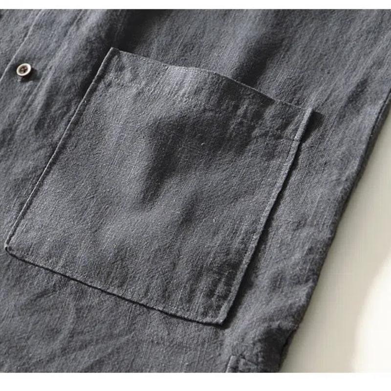Chinese Style Long Sleeve Men Shirt Traditional Men Clothing Solid Color Stand Collar Cotton Linen Button Shirt Daily Casual Tops Big Pockets