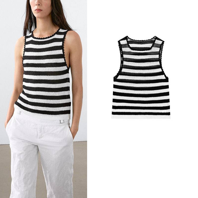 MD Summer Women Clothes Navigation Series Black and White Stripe Lace Knitted I-Shaped Vest Sleeveless T-shirt Top 6811701