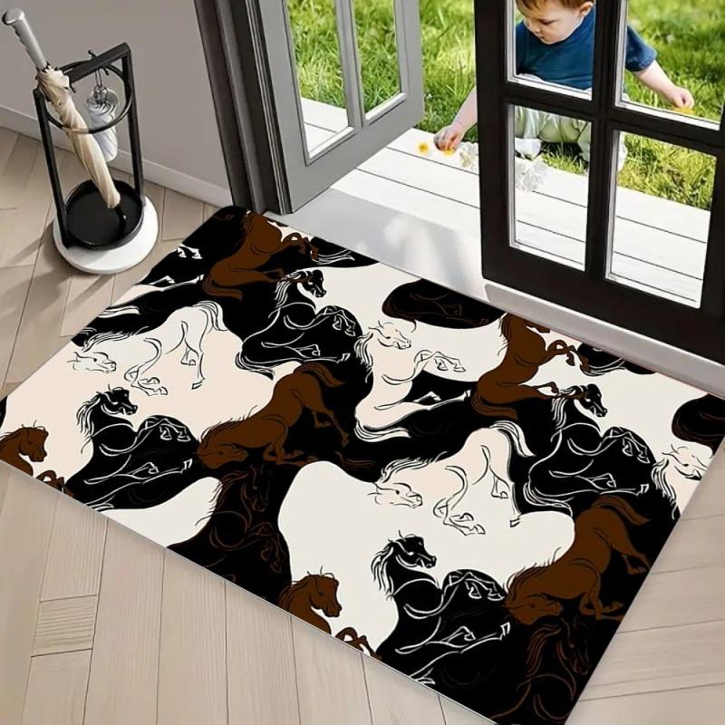 Black White Cow Print Area Rug Carpet Non Slip Floor Mat, Western Vintage Jewel Bow Print Water Washable Doormat