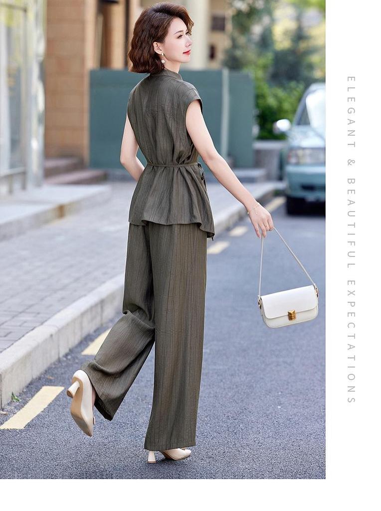 Chic Chiffon Suit: Round Neck Top & Wide-Leg Pants for Women 2026