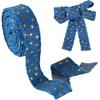 5 Yards Marine Blue Gold Foil Star Denim Ribbon for Clothes Accessories,3D Star Gold Stamping Jean Cloth Fabric Ribbon, 1 Inch Denim Cloth Ribbon for