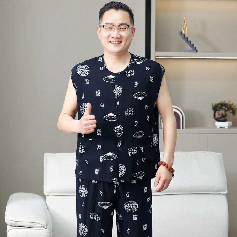 

Middle-aged and Elderly Cotton Silk Vest Cropped Pants Suit Men s Summer Dad Sleeveless Undershirt Two-piece Set Grandpa Cardigan Pajamas 4XL
