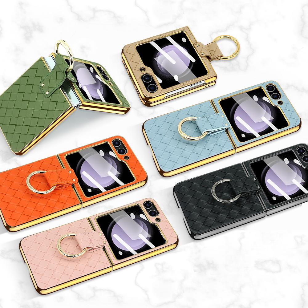 VIETAO Z Flip 6 Phone Case, Compatitable With Samsung Z Flip 6 Flip5 Flip4 Flip3 Case With Finger Ring, Woven PU Leather, Pink
