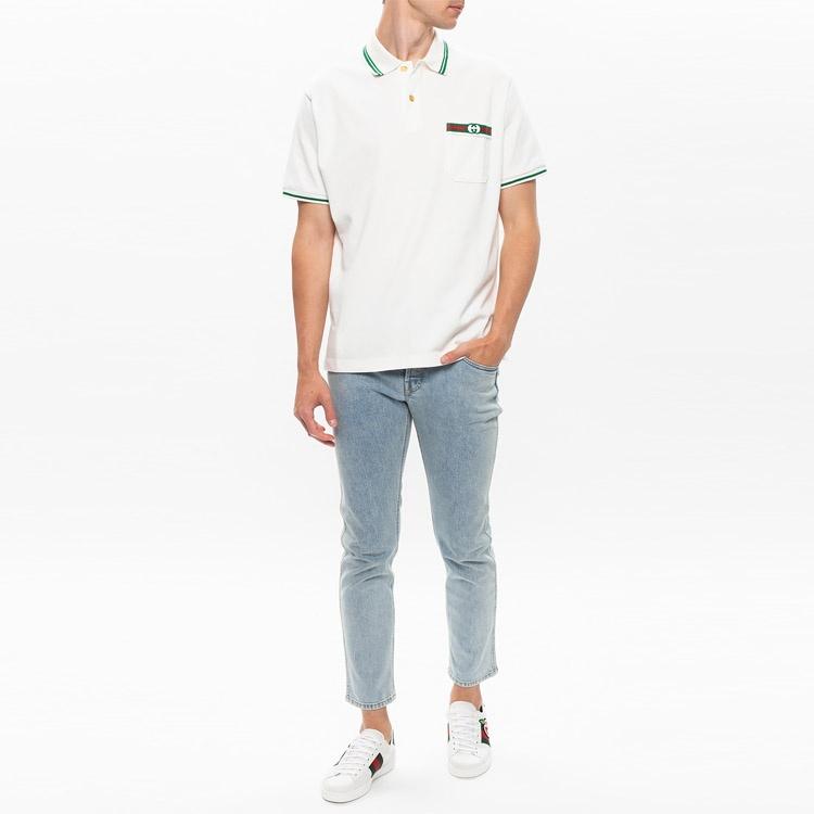 Gucci-Embellished Webbing And Interlocking GG Cotton Short-Sleeved Polo Shirt For Men White Men's 628339-XJCQR-9061