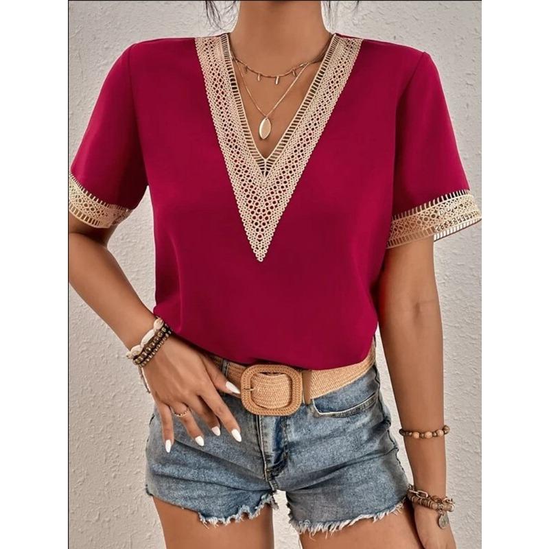 2 new wish women's collar lace casual solid color shirt