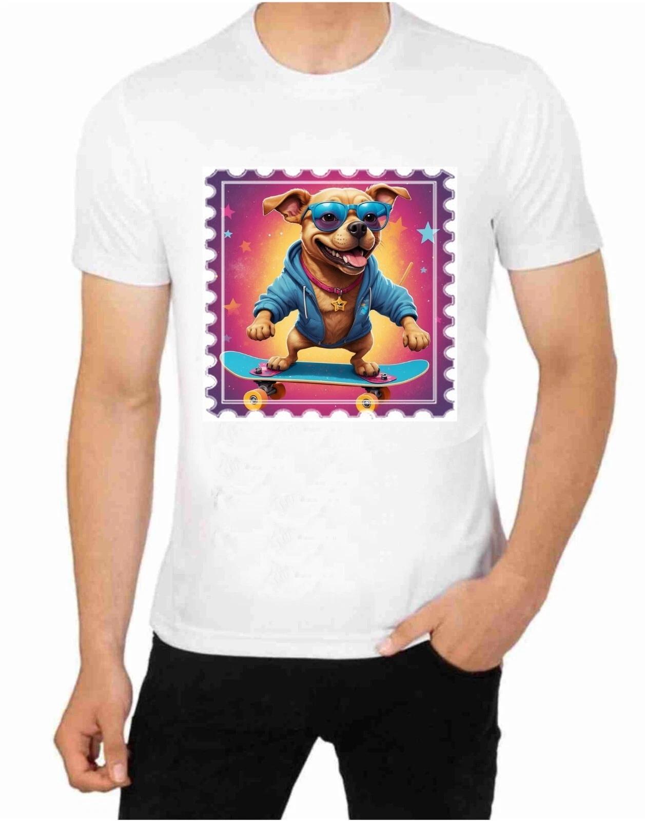 Dog on a Skateboard Fun Cute Dog Art T-Shirt M