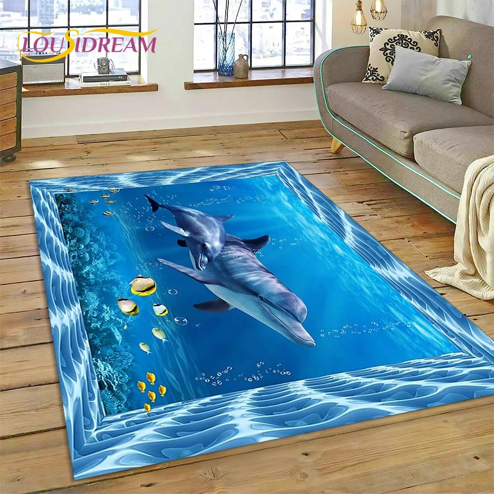 3D Illusion Underwater World Seabed Shark Dolphin Cartoon Carpet Rug for Bedroom Living Room Sofa Decoration,Kid Decor Floor Mat
