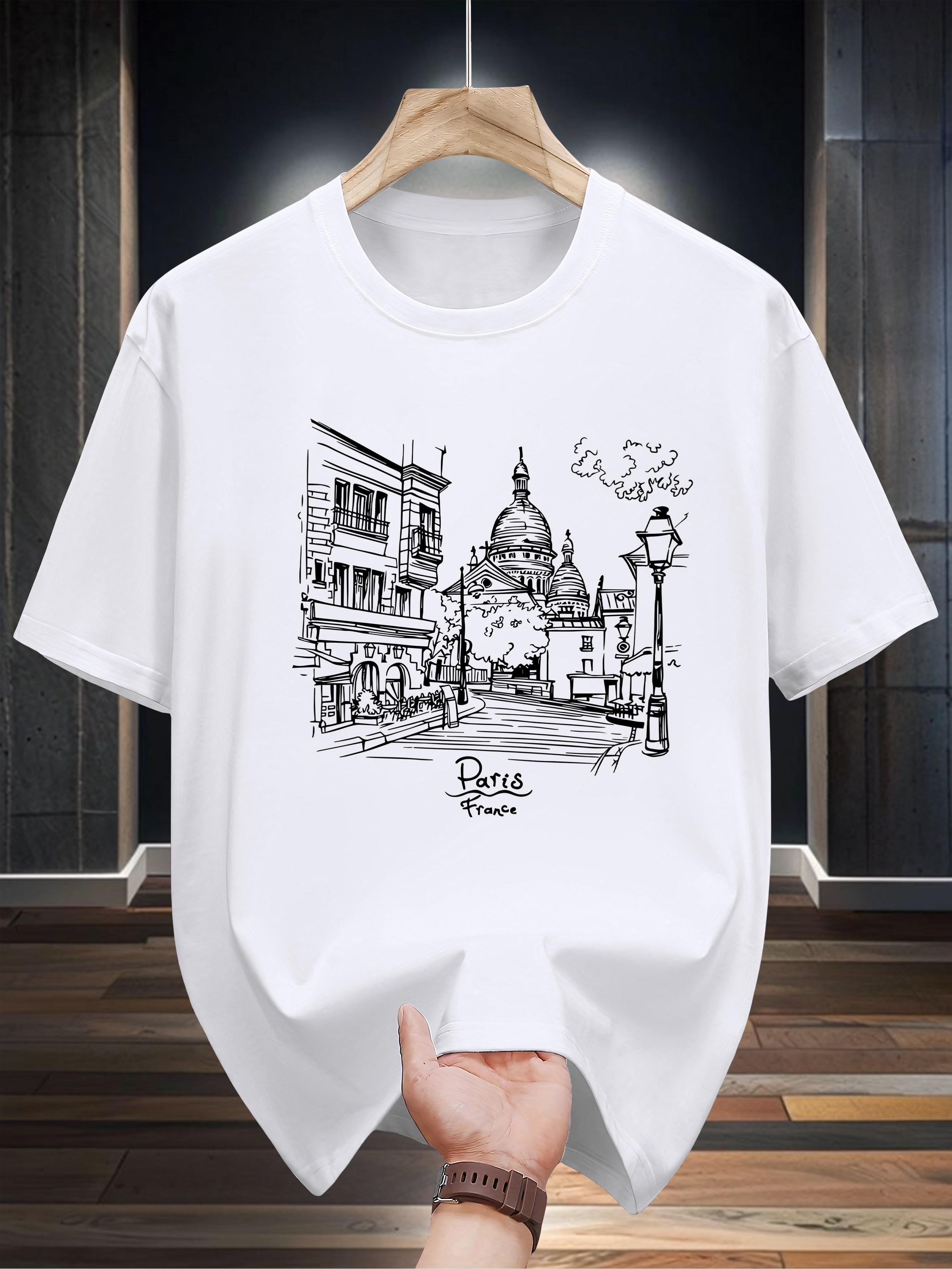 

T-shirt | Casual Round Neck | Geometric Parisian Street Scene Print | Breathable & Machine Washable | Summer Essential | Dark Blue M