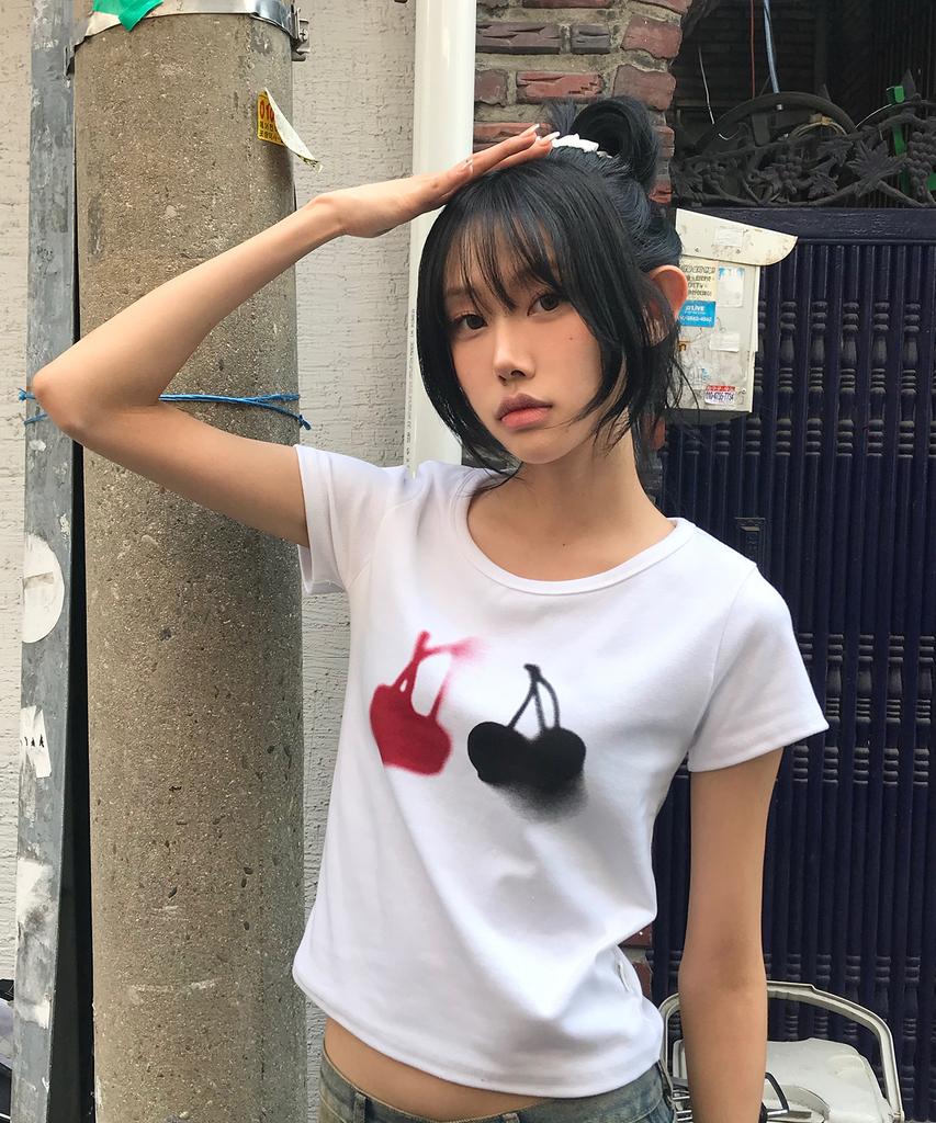 CHICKS Cherry Bloom Crop Slim Fit Short Sleeve T-Shirt White
