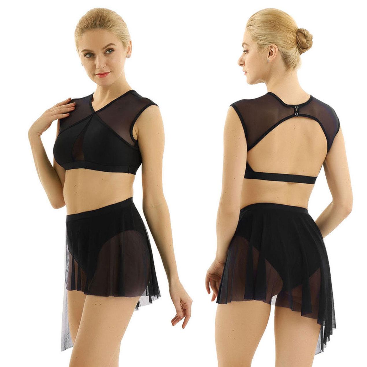 

Жіноча танцювальна сукня з асиметричною сіткою для балетних латиноамериканських танців, хрестоподібні укорочені топи та коротка спідниця XS