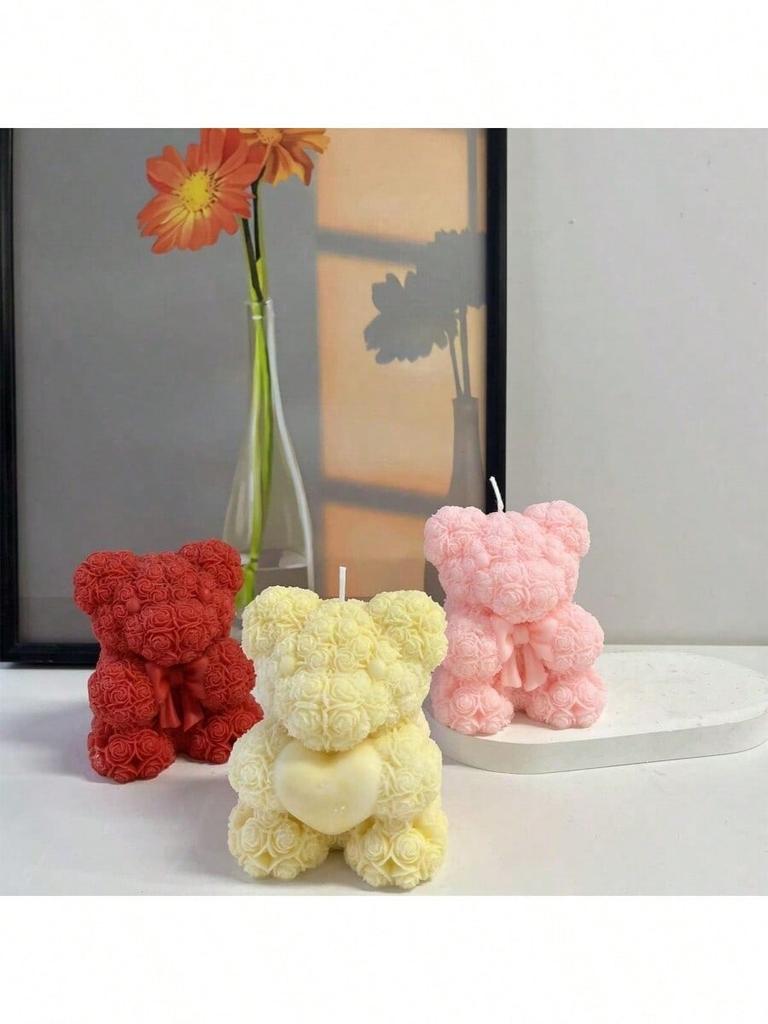 1 heart-shaped rose bear scented candle making mold, Valentine's Day decorative gift making, suitable for diy gypsum making,