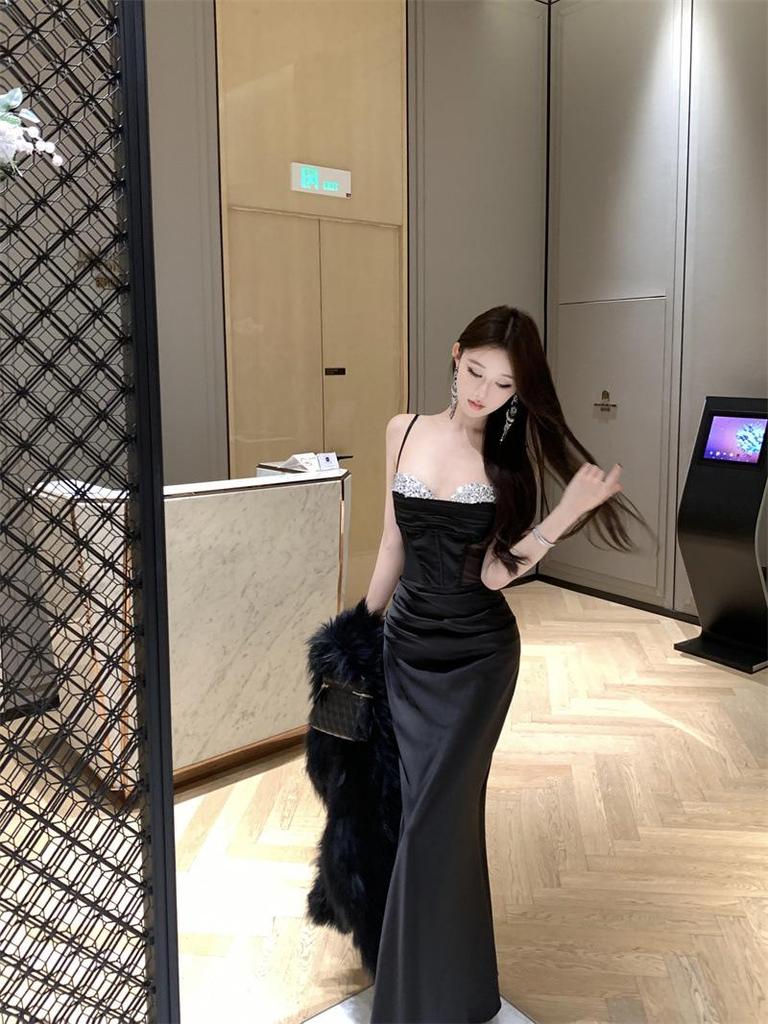 Elegant Black Mesh Sleeveless Fishtail Formal Dress - French Retro Knee-Length for Women