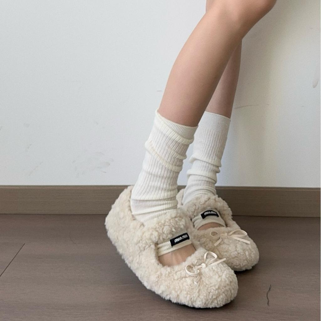 2025 autumn and winter fluffy shoes, warm and velvet cotton shoes, non-slip fairy wind Mary Jane shoes, soft-soled Doudou shoes