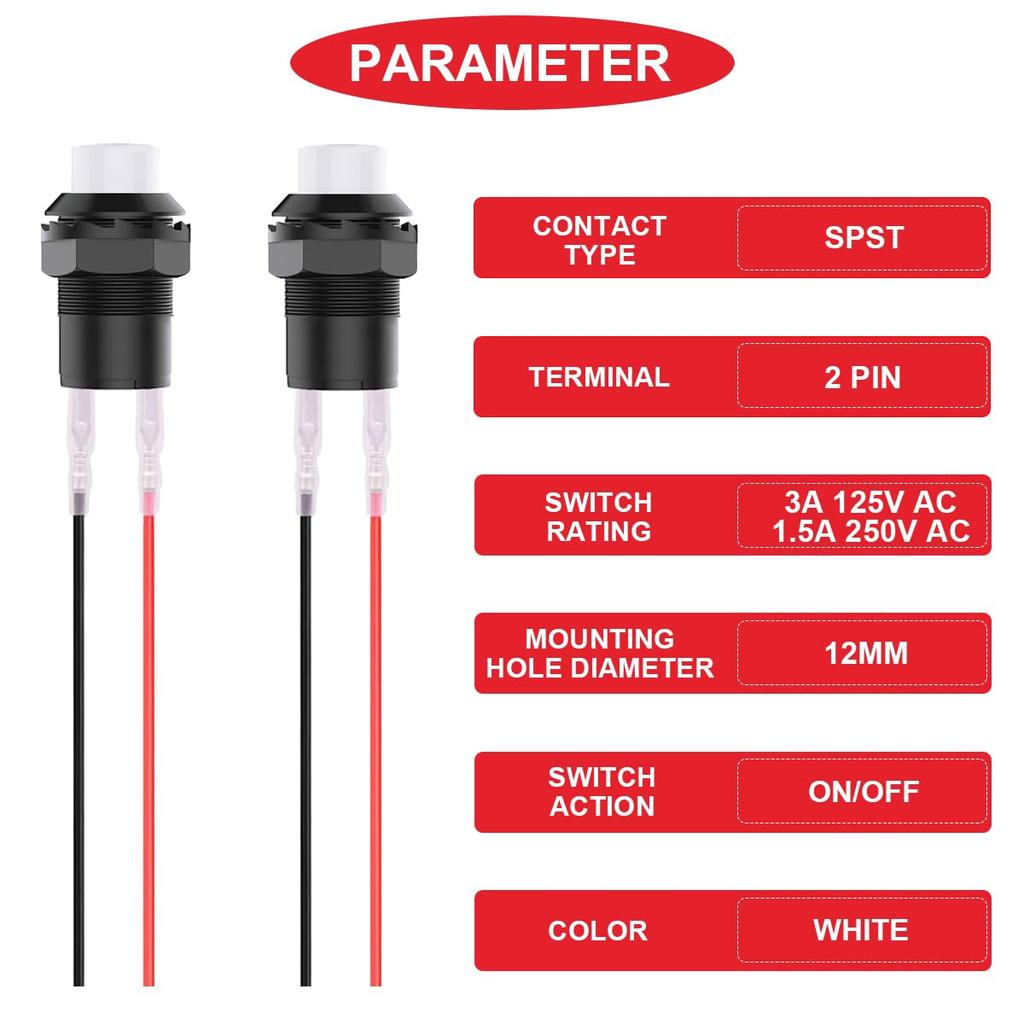 MKBKLLJY 12Pcs White Mini Self Lock On Switch AC 250V 1.5A 125V 3A 2Pin