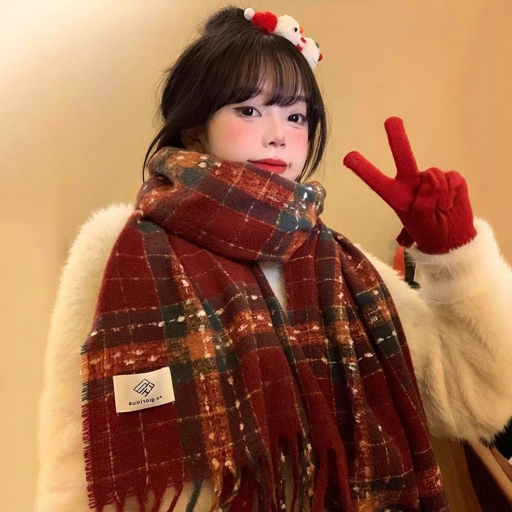 Red Plaid Fringed Scarf Women's Winter Korean Atmosphere Thickened and Kept Warm New Year's Christmas Scarf Student Shawl