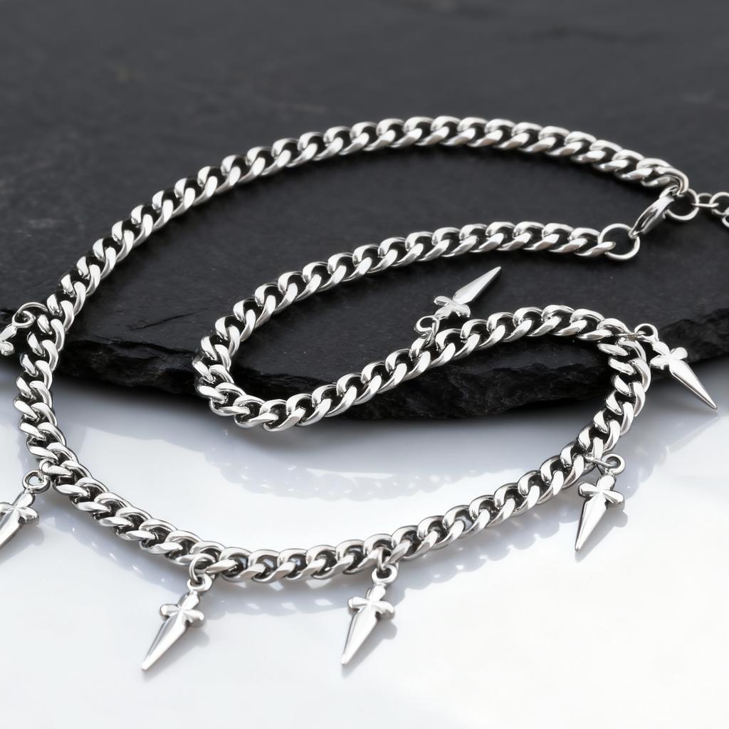 Punk Small Sword Shape Pendant Necklace for Men,7mm Stainless Steel Chunky Cuban Chain Choker,Cool Hip Hop Gothic Jewelry Gifts