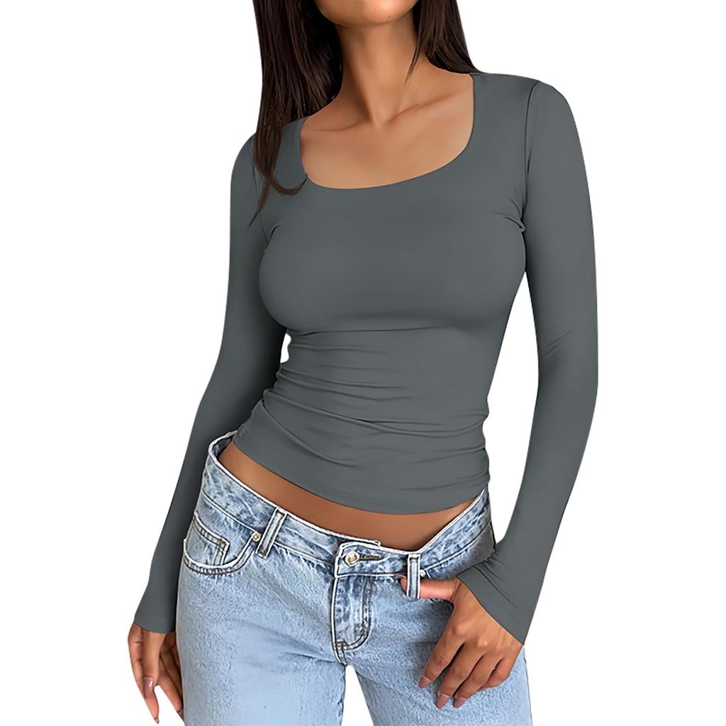 Women's Casual Color Square Neck Slim Fit Sexy Long Sleeve T-Shirt Top