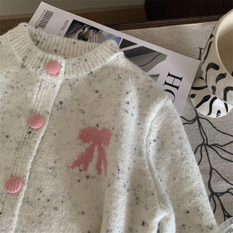 2024 Autumn Korean Kids' Outfit: Girls Bow Knit Cardigan & Leggings Set