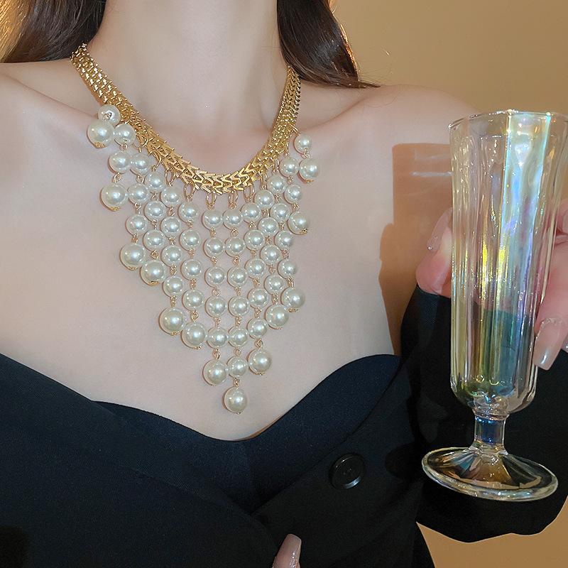 Metallic Letter M Faux Pearl Tassel Layered Necklace - Elegant, High-End Design for Women