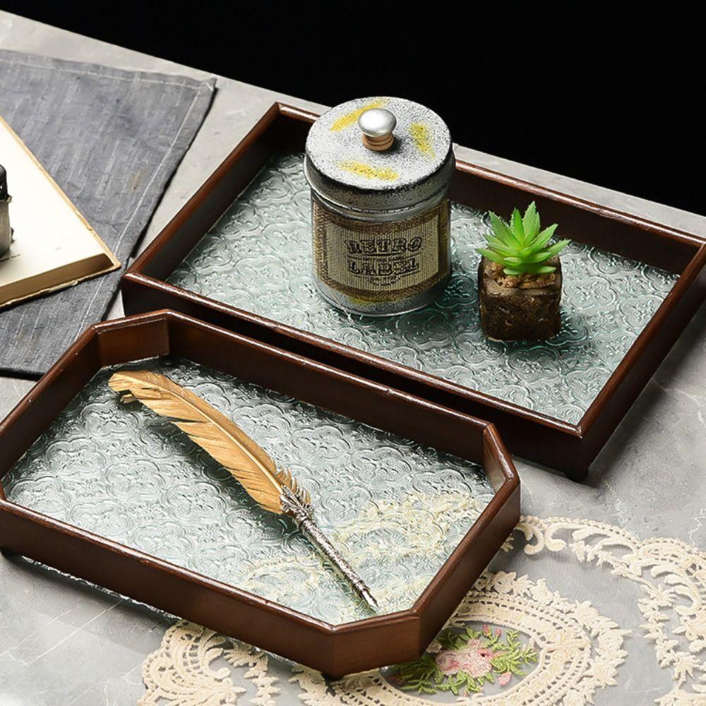 Simple Begonia Embossed Glass Tray Wooden Storage Display Plates Multi-Function Tea Tray  Desk