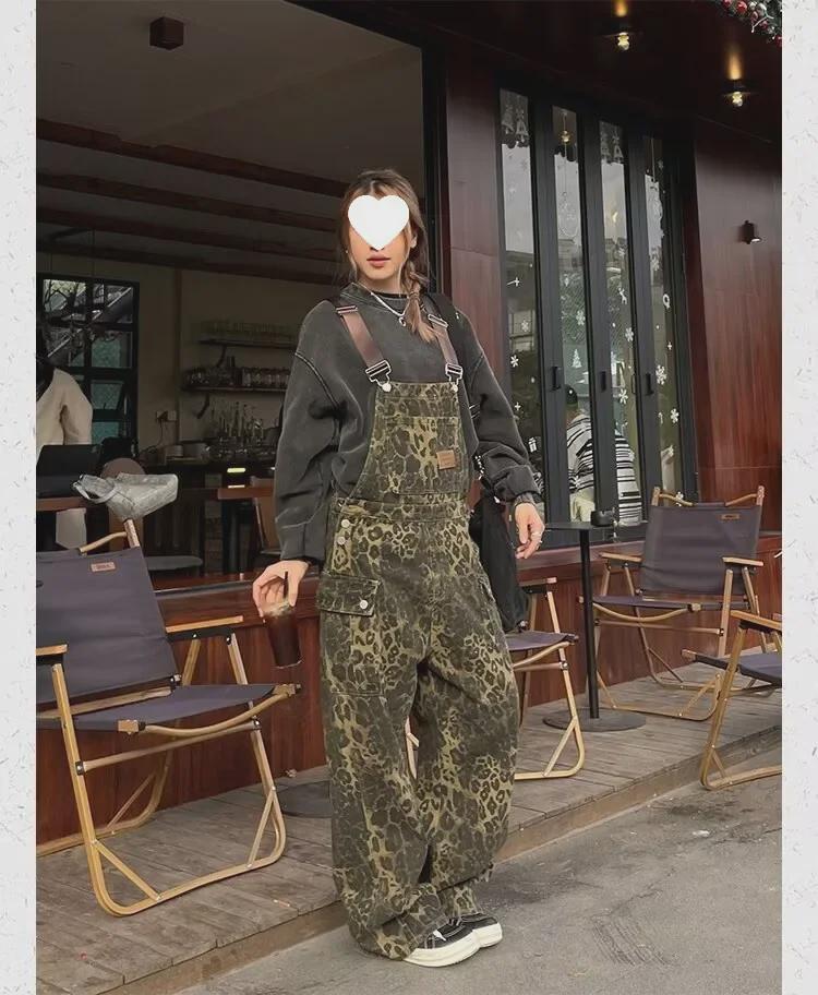 Unisex American Retro Loose Straight Leopard Print Overalls – New Street Style Washed Wide-Leg Multi-Pocket Pants Trend