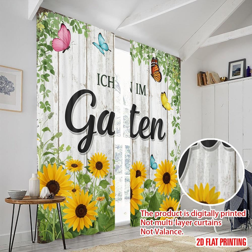 2 Stück 2D Flachdruck Fenstervorhänge Garten Schmetterlinge Sonnenblumen Floral 100% Polyester Ohne Strom Festliche Wanddekoration