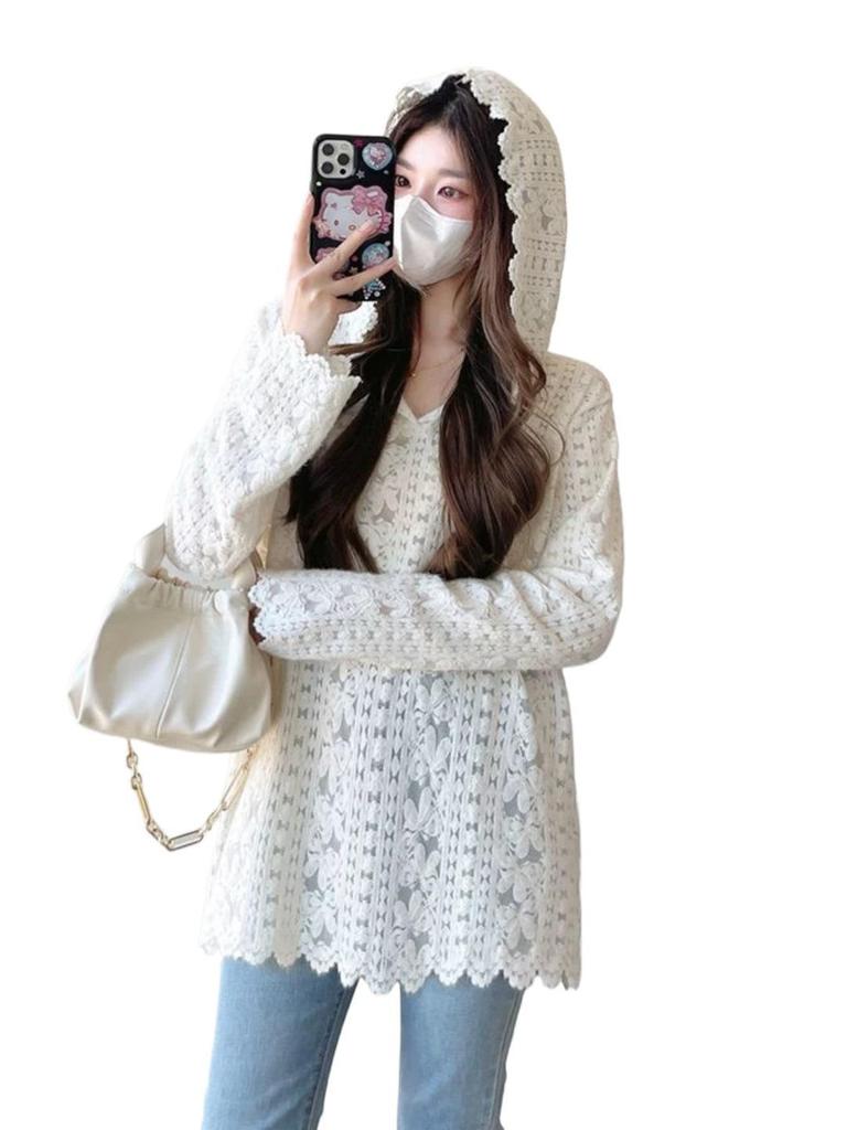 Elegant Plus Size Lace Patchwork Hooded Shirt - Slimming Long Sleeve Base Layer