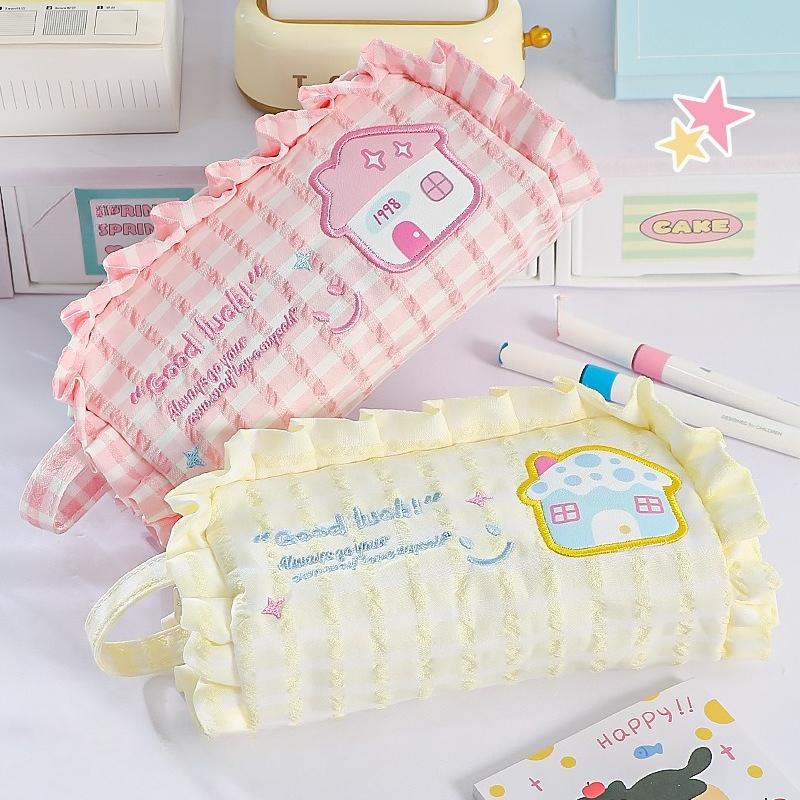 Cute Embroidery Pencil Case, Capable of Holding 45 Pens, with Built-in Two-layer Compartments for Portable Handheld Design