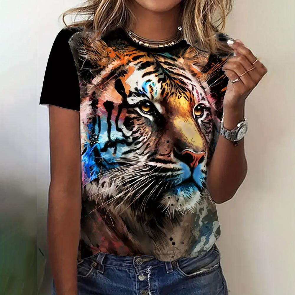 Women's Fashionable Short Sleeve T-Shirts 3d Leopard Print Top Tees Spring & Summer Breathable Women's Casual Pullovers & Blouse